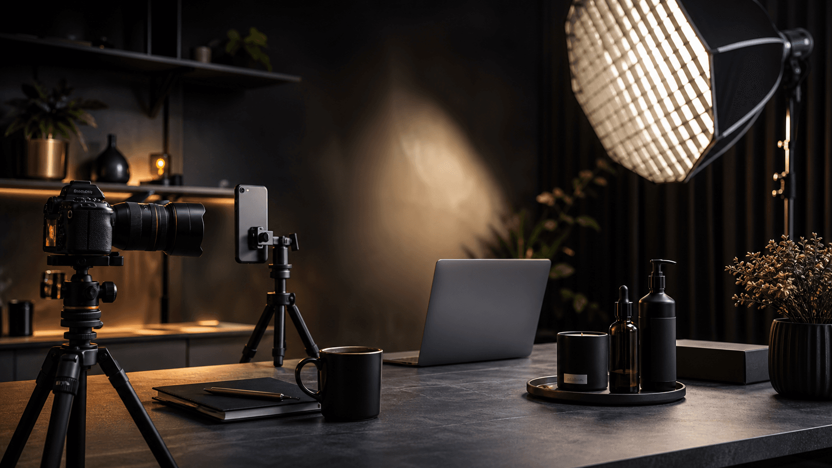 A content creation setup with camera, phone rig, and softbox lighting